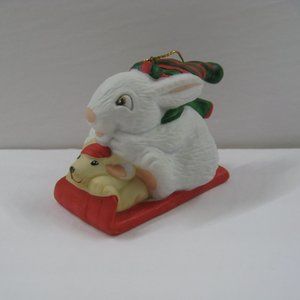 Vintage Current Critters Collectible Ornament 1989 Bunny & Dog on Sled with Box